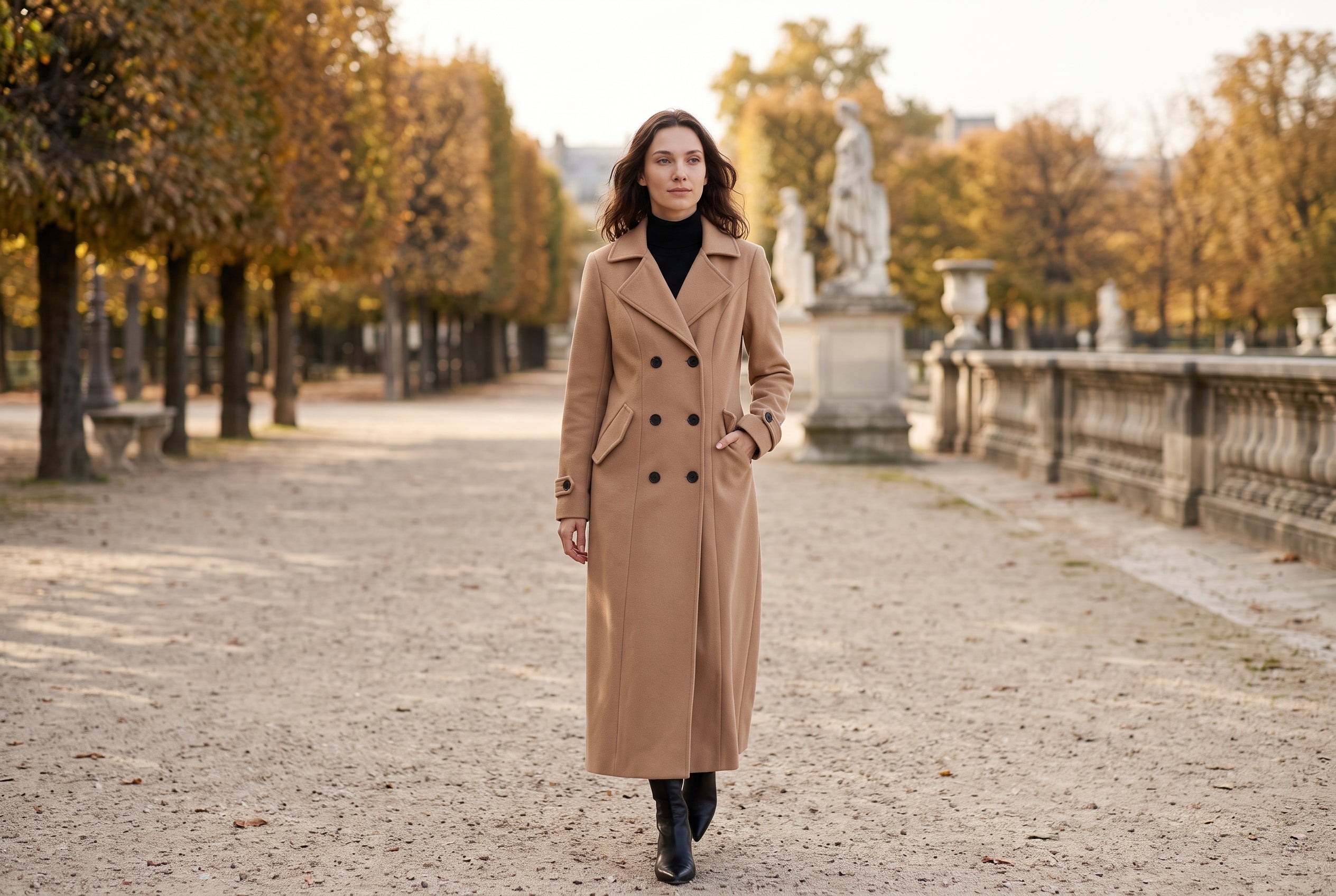 Woman in a camel double-breasted maxi coat walking along a gravel path of a Paris garden in autumn
