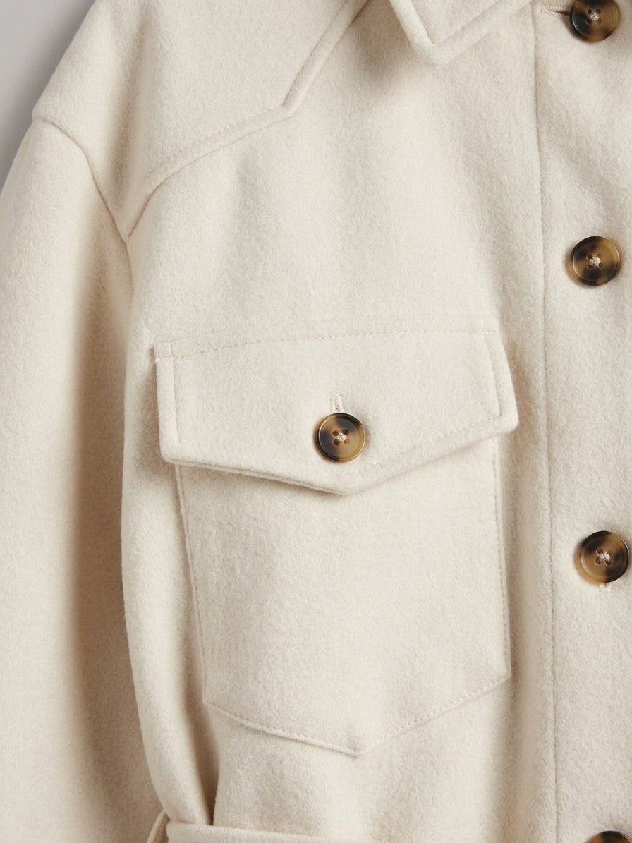 Cascia Women's Belted Shacket — white — detail-collar