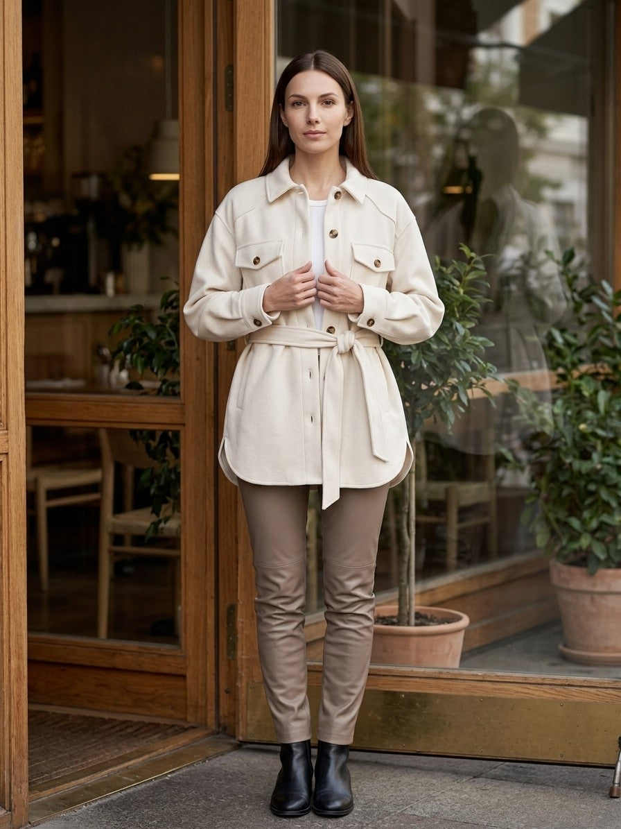 Cascia Women's Belted Shacket — white — lifestyle