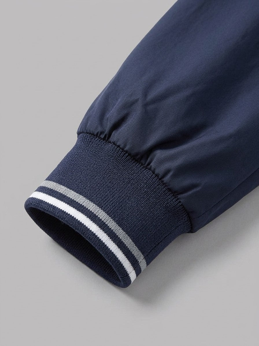 Cascina Men's Lightweight Tipped-Rib Varsity Jacket — navy — detail-collar