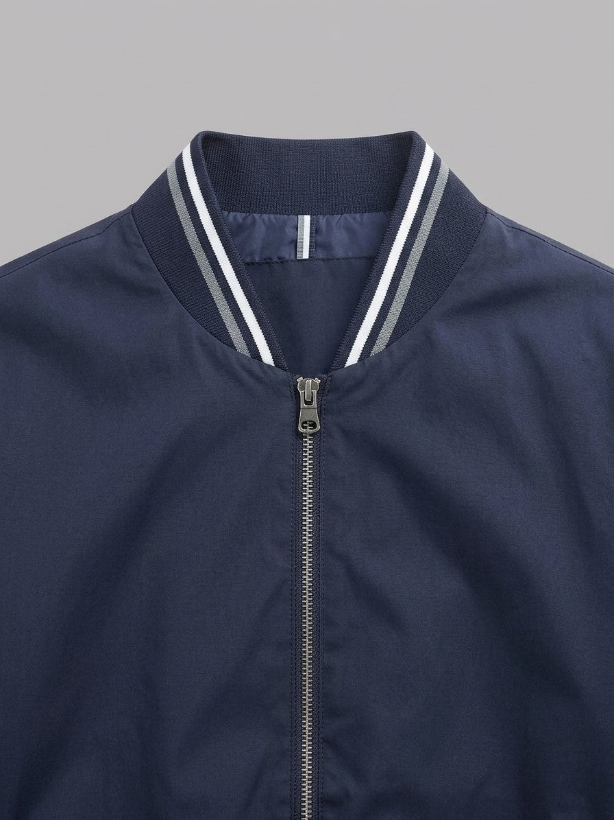 Cascina Men's Lightweight Tipped-Rib Varsity Jacket — navy — detail