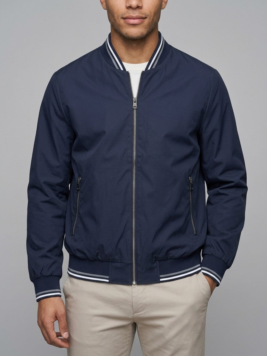 Cascina Men's Lightweight Tipped-Rib Varsity Jacket — navy — front