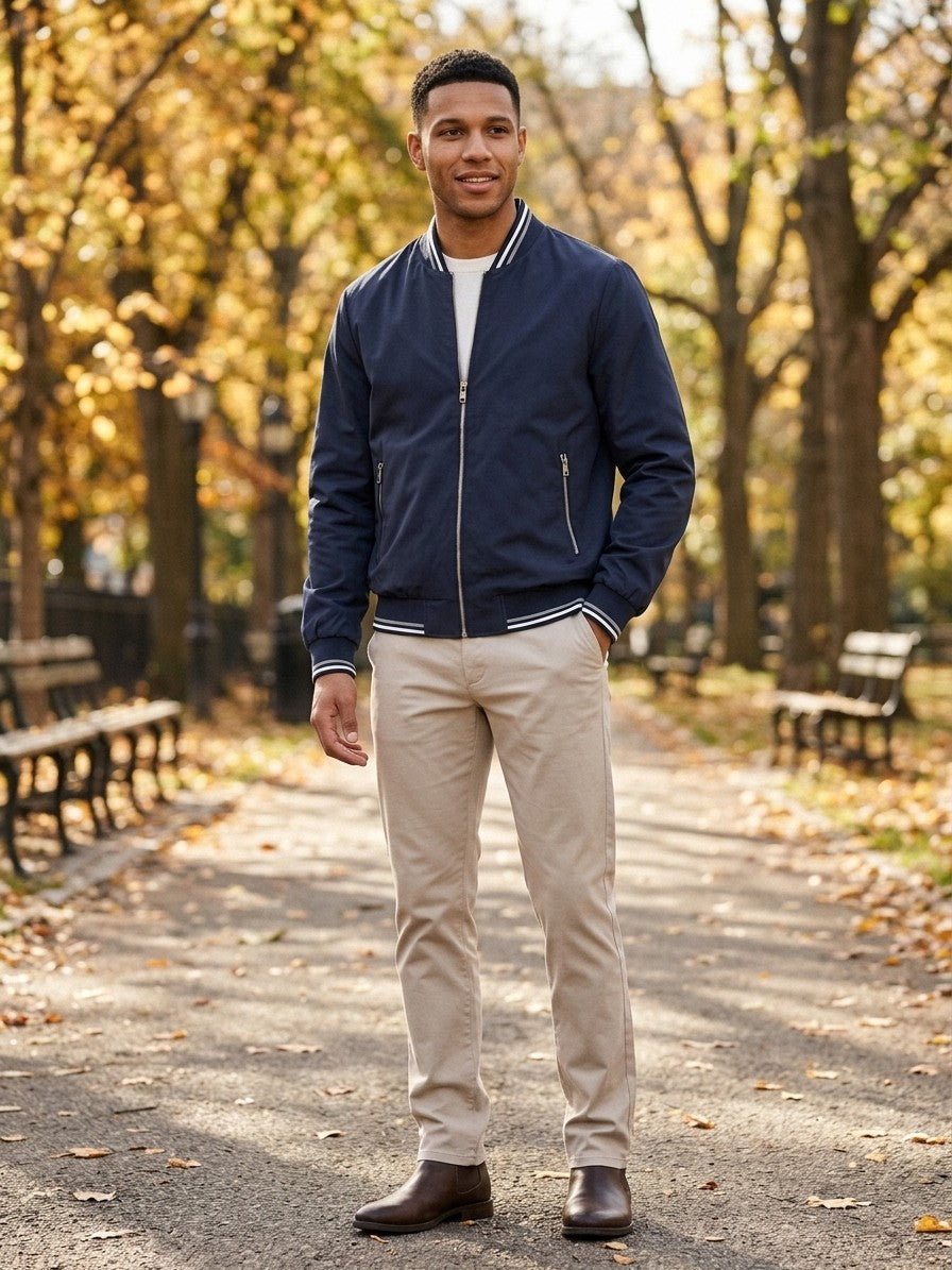 Cascina Men's Lightweight Tipped-Rib Varsity Jacket — navy — lifestyle