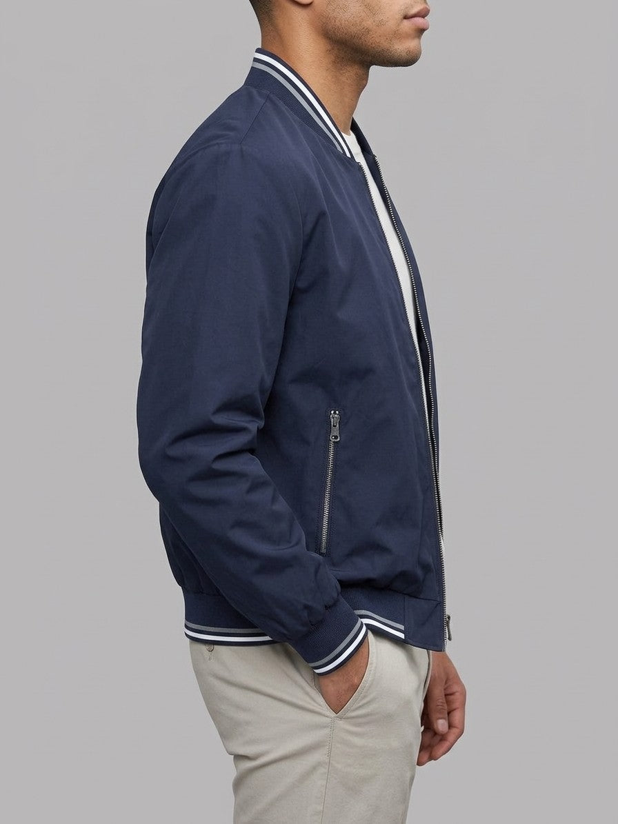 Cascina Men's Lightweight Tipped-Rib Varsity Jacket — navy — side