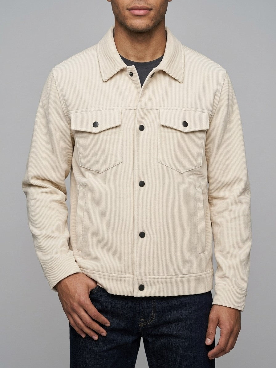 Casteggio Men's Snap-Front Corduroy Trucker Jacket — cream — front