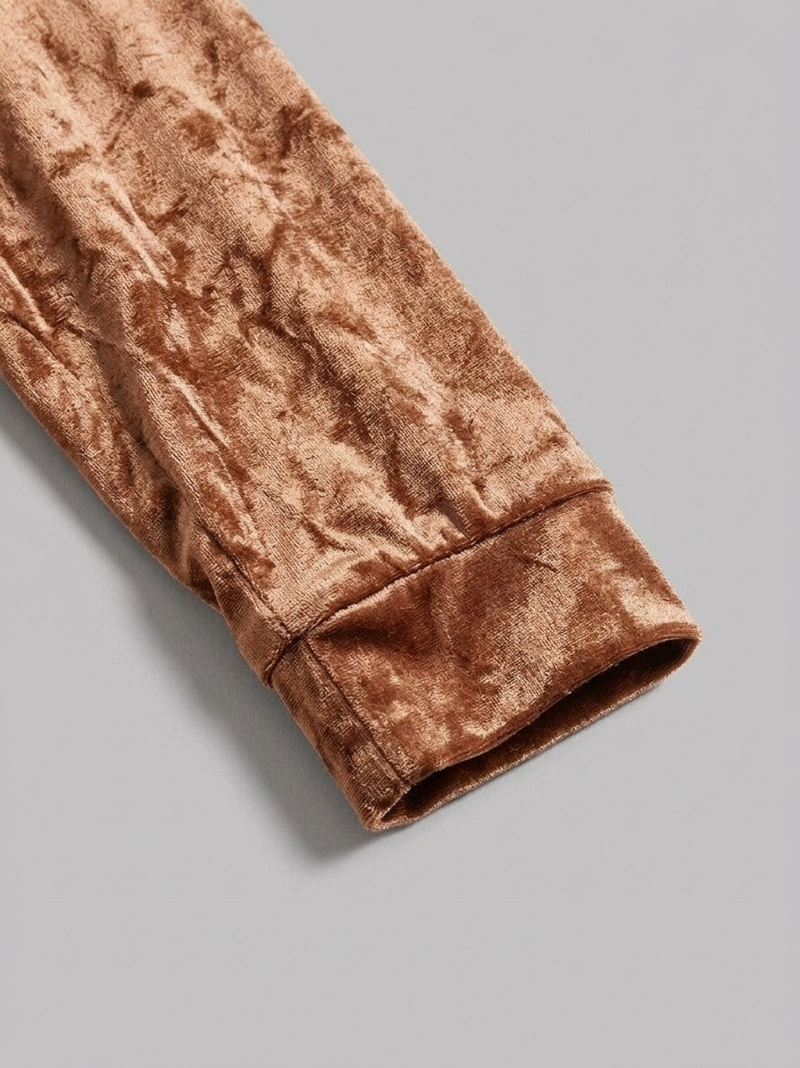 Castelfidardo Women's Crushed Velvet Duster Coat — brown — detail-collar