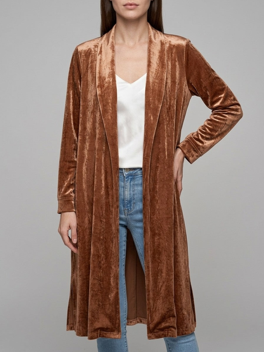 Castelfidardo Women's Crushed Velvet Duster Coat — brown — front