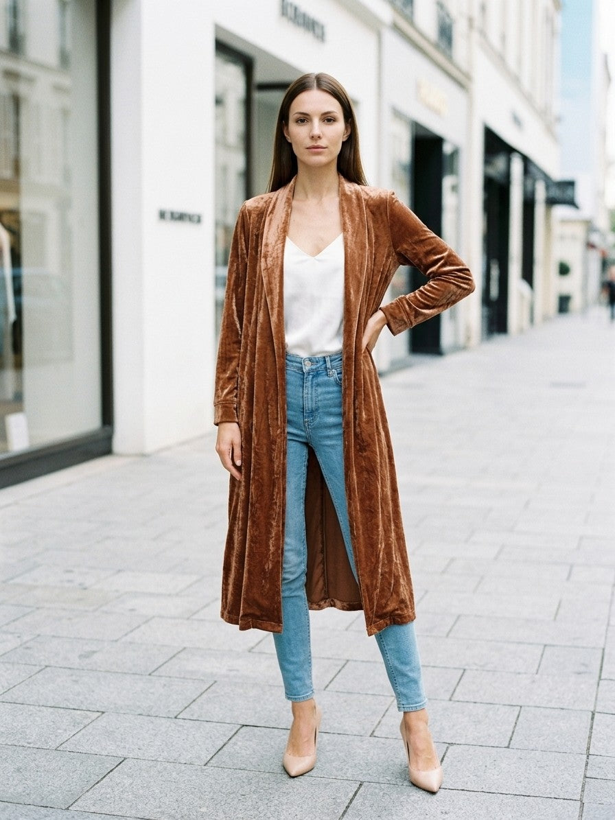 Castelfidardo Women's Crushed Velvet Duster Coat — brown — lifestyle