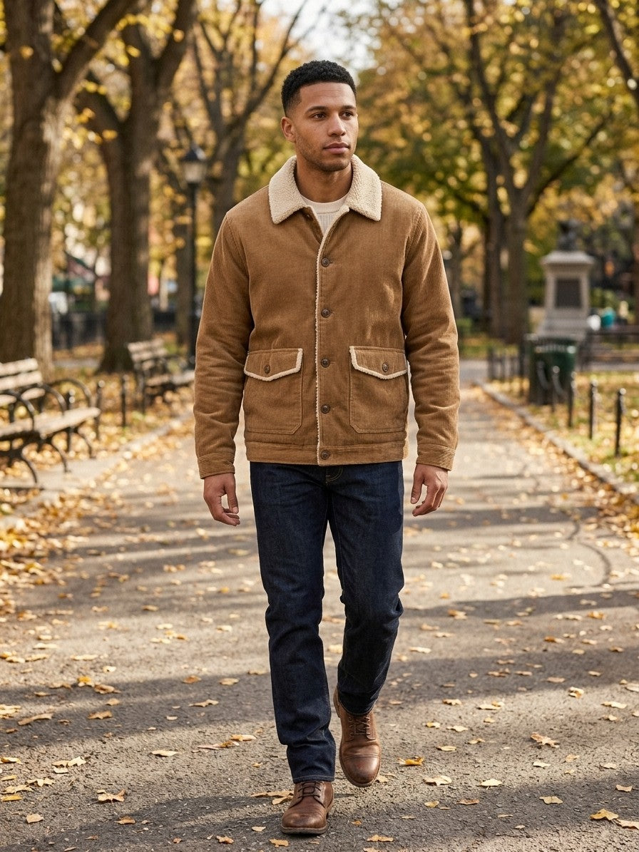 Castelfranco Men's Sherpa-Collar Corduroy Jacket — camel — lifestyle