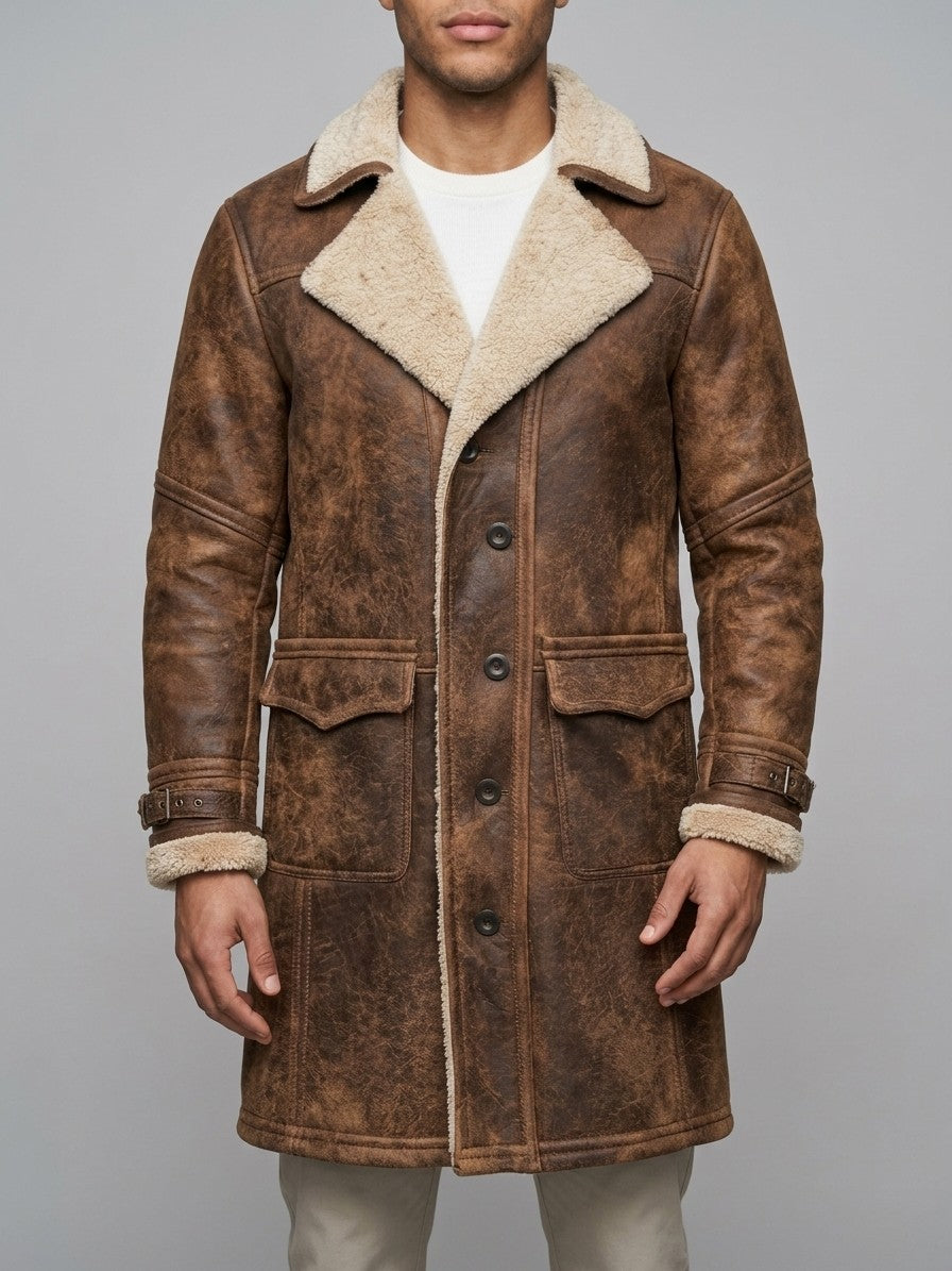 Castellabate Men's Buckle-Cuff Shearling Coat — brown — front