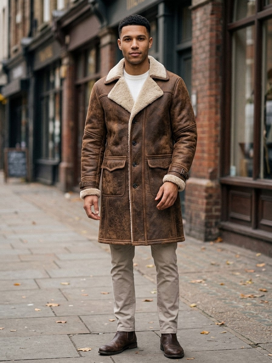 Castellabate Men's Buckle-Cuff Shearling Coat — brown — lifestyle