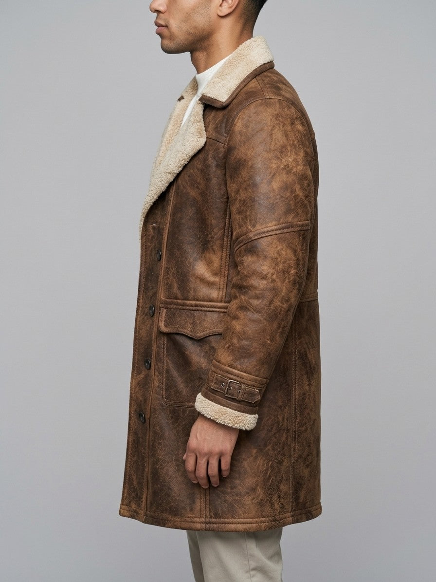 Castellabate Men's Buckle-Cuff Shearling Coat — brown — side