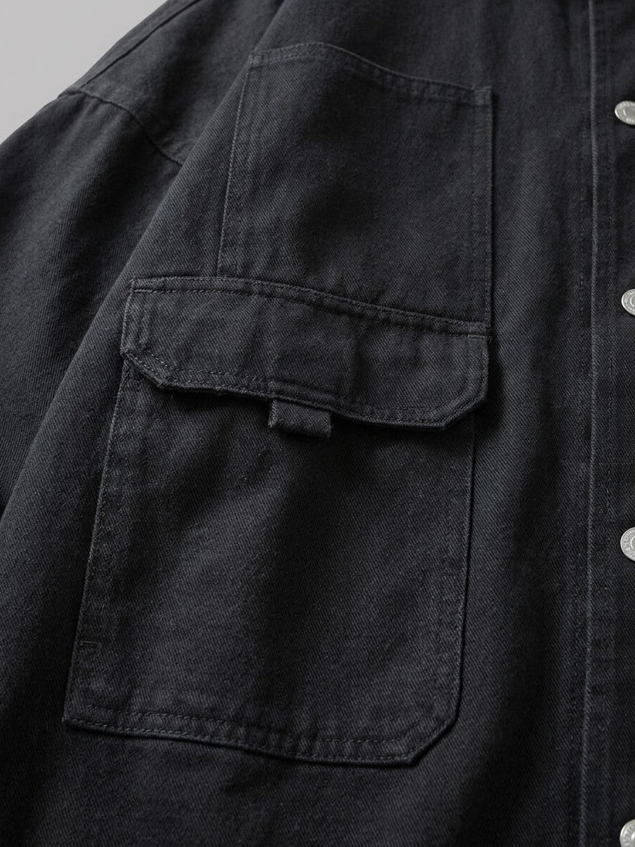 Castellana Men's Oversized Twill Work Jacket — black — detail-collar