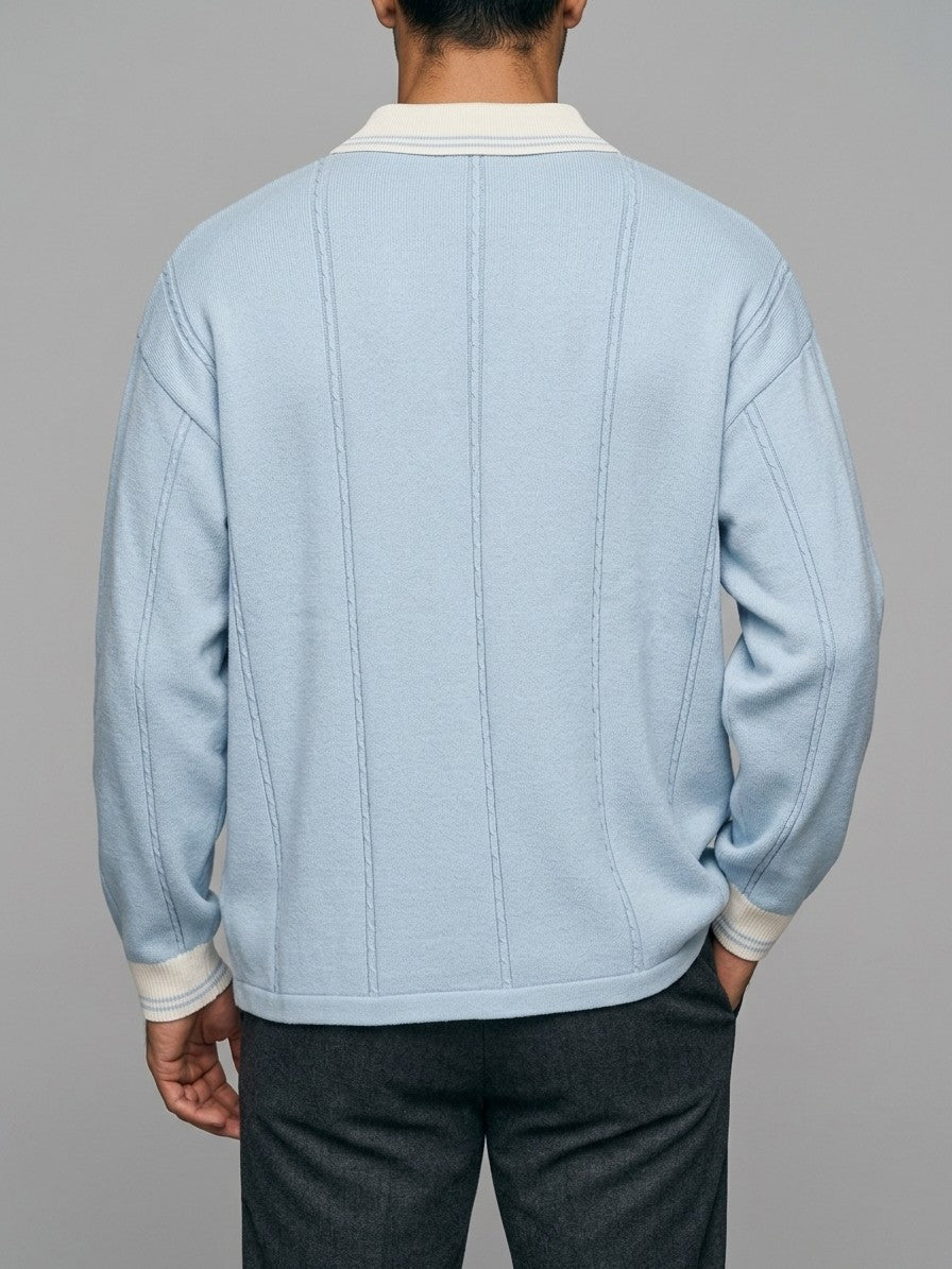 Castelmezzano Men's Cable-Line Polo Sweater — lightblue — back