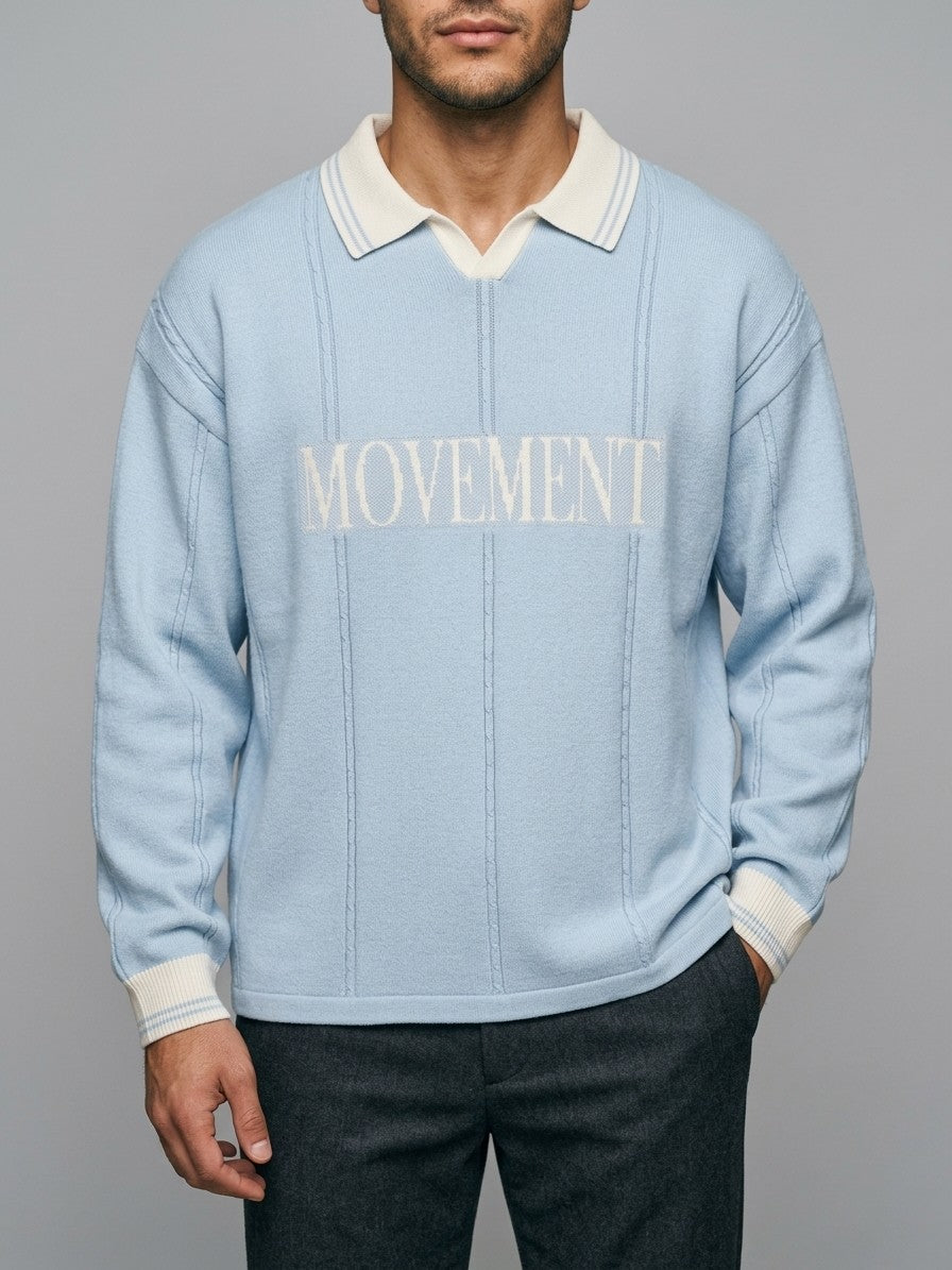 Castelmezzano Men's Cable-Line Polo Sweater — lightblue — front