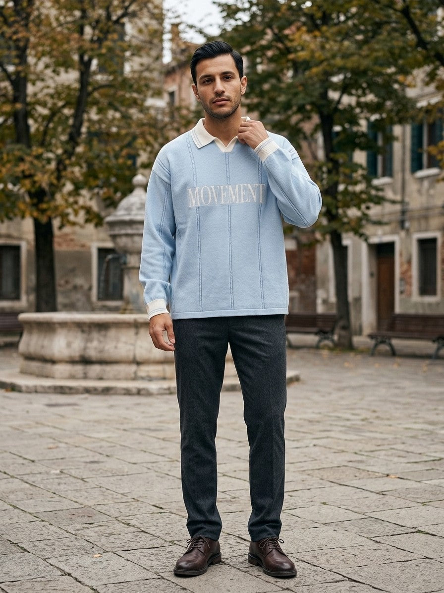 Castelmezzano Men's Cable-Line Polo Sweater — lightblue — lifestyle