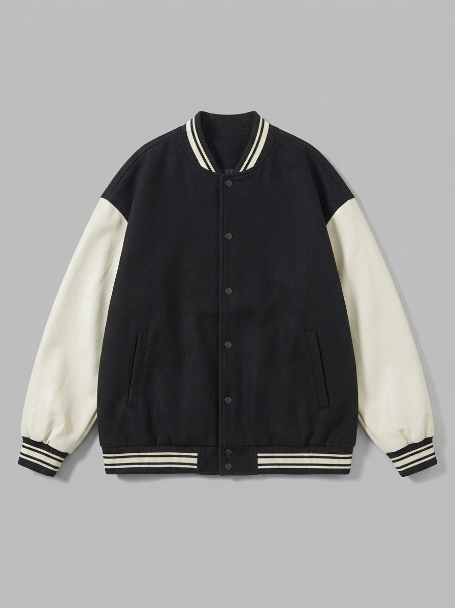 Castelnuovo Men's Oversized Two-Tone Varsity Jacket — black — packshot