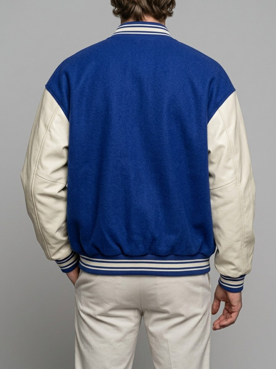 Castelnuovo Men's Oversized Two-Tone Varsity Jacket — royalblue — back