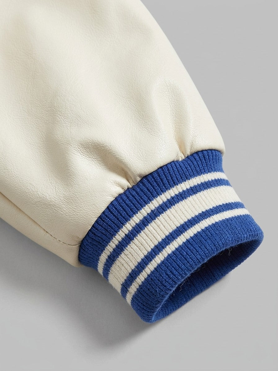 Castelnuovo Men's Oversized Two-Tone Varsity Jacket — royalblue — detail-collar