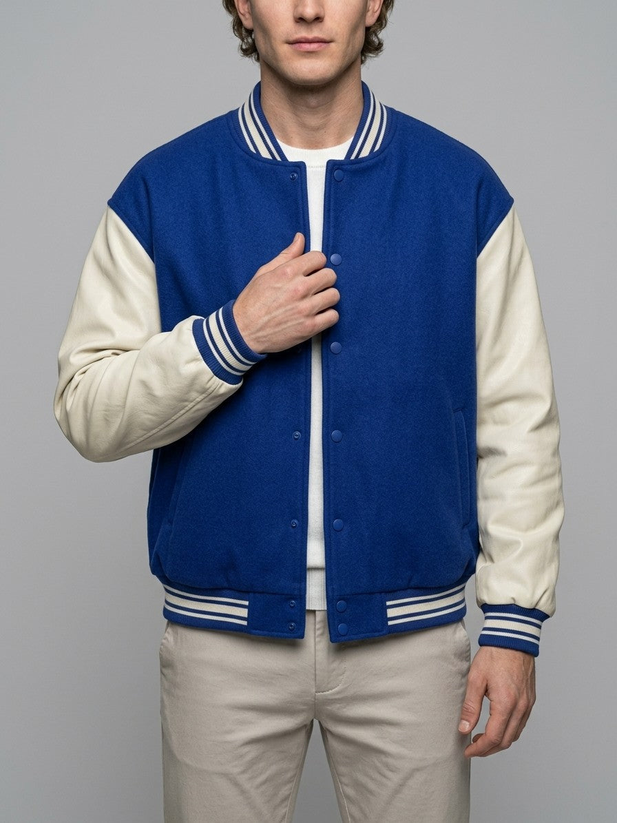 Castelnuovo Men's Oversized Two-Tone Varsity Jacket — royalblue — front