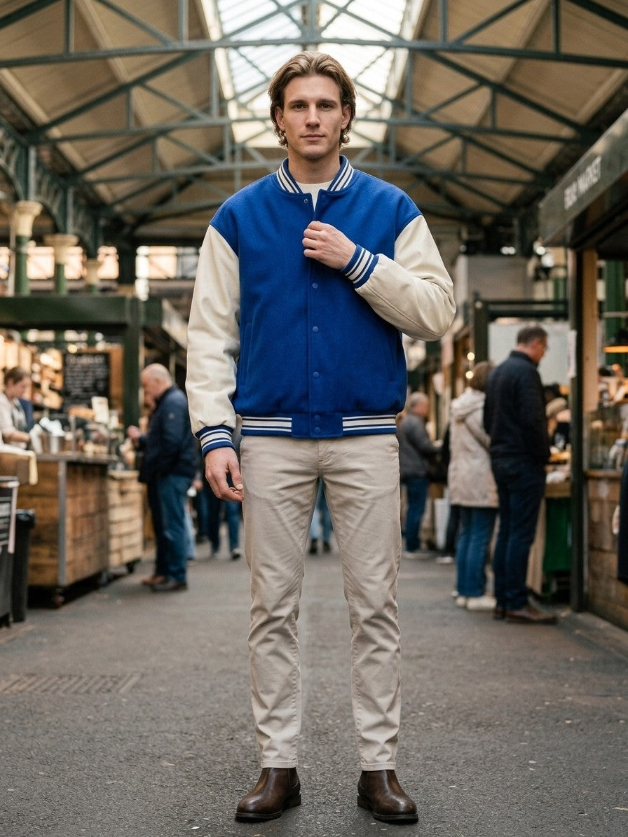 Castelnuovo Men's Oversized Two-Tone Varsity Jacket — royalblue — lifestyle
