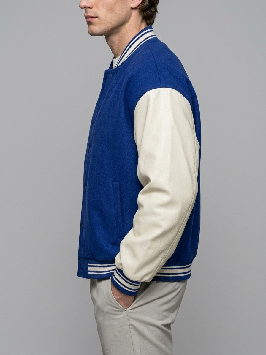 Castelnuovo Men's Oversized Two-Tone Varsity Jacket — royalblue — side