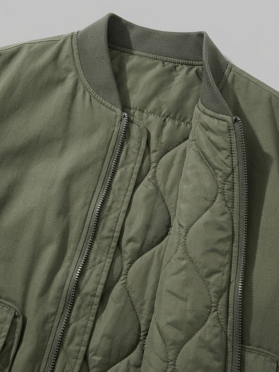 Castenaso Men's Reversible Quilted Cargo Bomber Jacket — olivegreen — detail-collar
