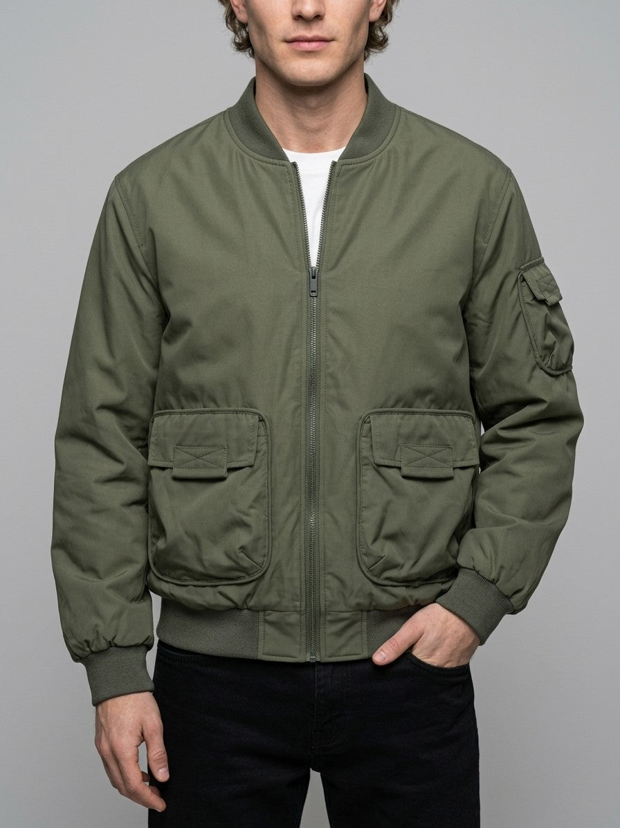 Castenaso Men's Reversible Quilted Cargo Bomber Jacket — olivegreen — front