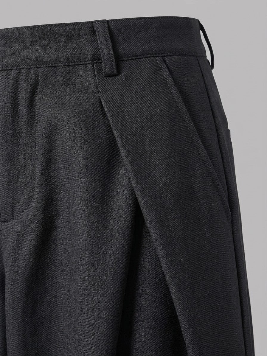 Castrovillari Men's Wide-Leg Twill Pleated Trousers — black — detail-2