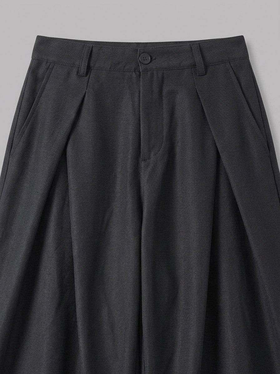 Castrovillari Men's Wide-Leg Twill Pleated Trousers — black — detail
