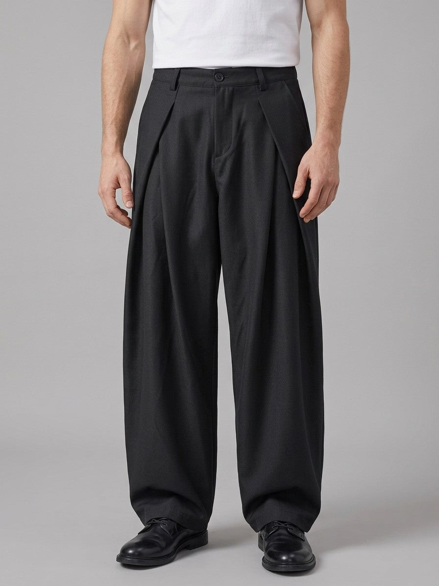 Castrovillari Men's Wide-Leg Twill Pleated Trousers — black — front