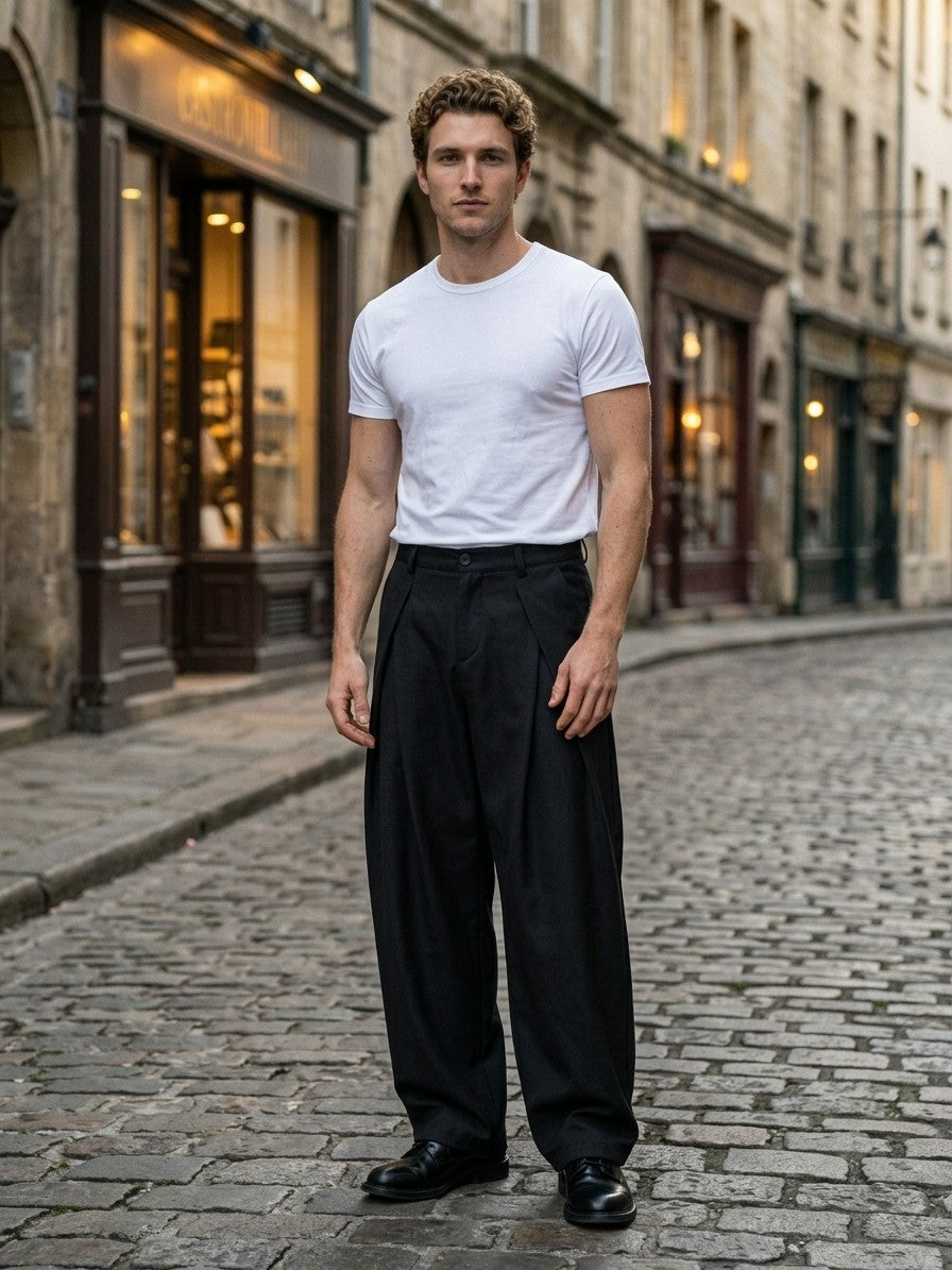Castrovillari Men's Wide-Leg Twill Pleated Trousers — black — lifestyle