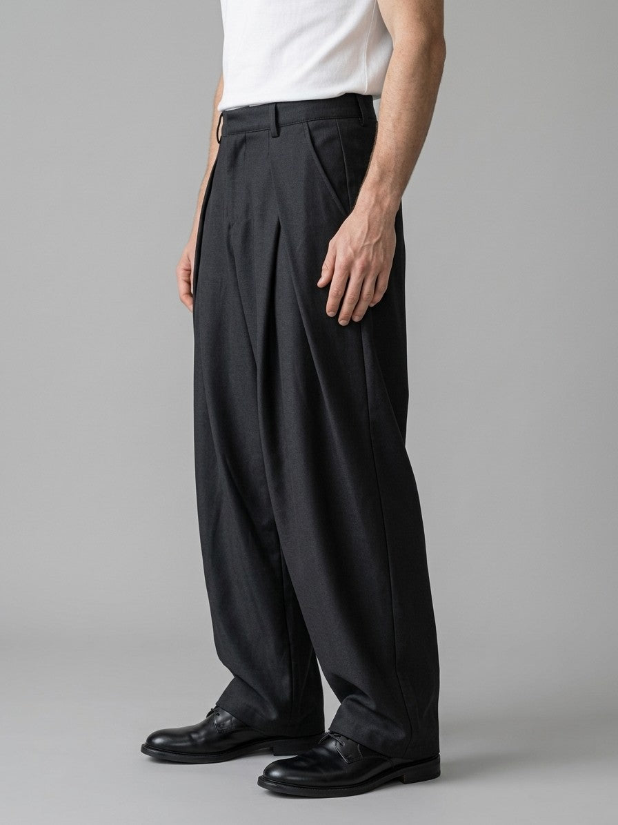 Castrovillari Men's Wide-Leg Twill Pleated Trousers — black — side