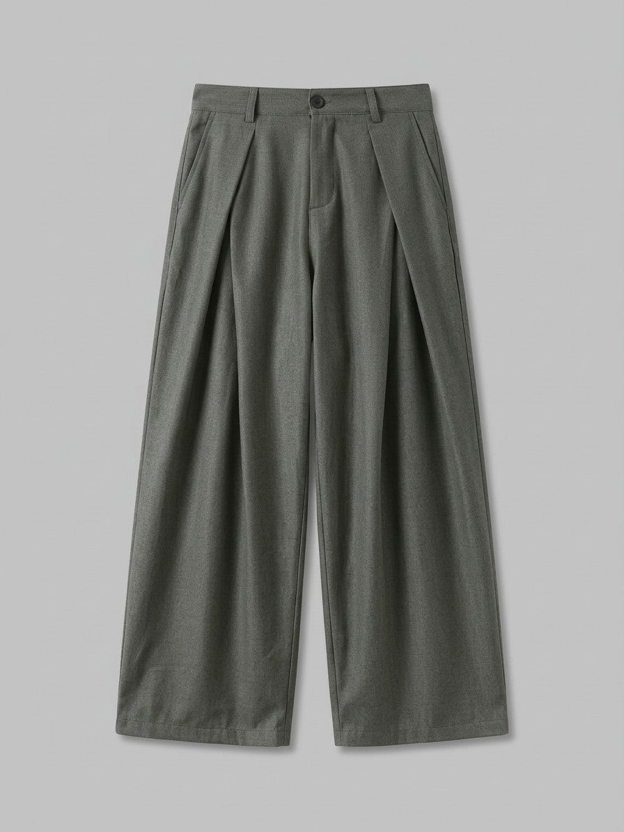 Castrovillari Men's Wide-Leg Twill Pleated Trousers — olivegrey — packshot