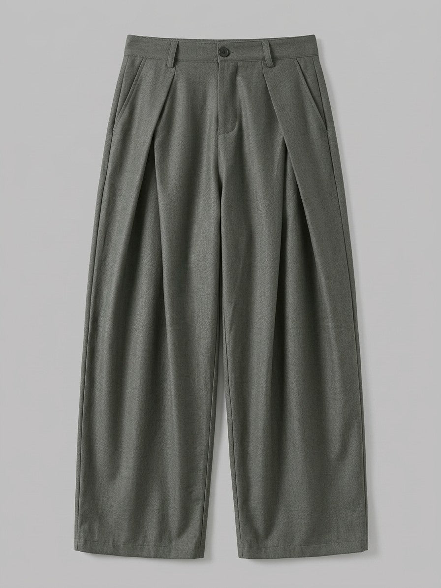 Castrovillari Men's Wide-Leg Twill Pleated Trousers — olivegreyfleecelined — packshot