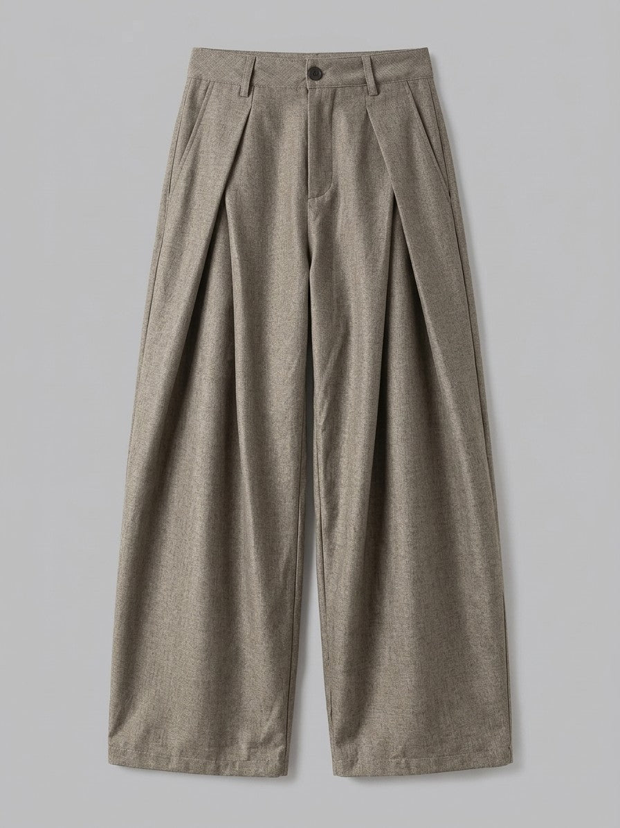 Castrovillari Men's Wide-Leg Twill Pleated Trousers — taupefleecelined — packshot