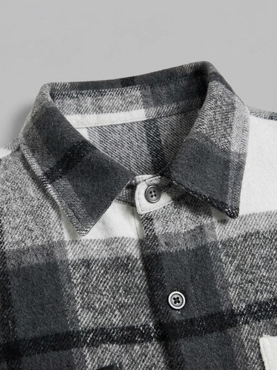 Catania Men's Plaid Button-Up Shirt — black — detail-collar