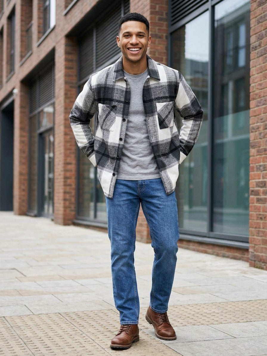 Catania Men's Plaid Button-Up Shirt — black — lifestyle