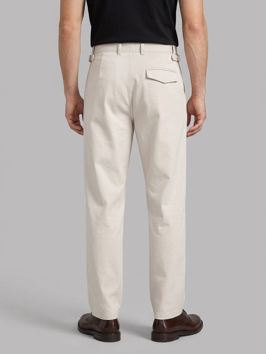 Ceccano Men's Side-Buckle Cotton Pleated Trousers — ecru — back
