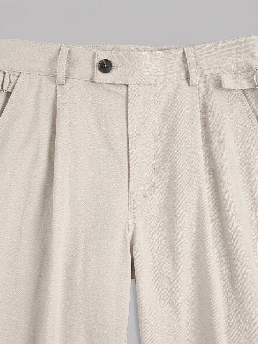Ceccano Men's Side-Buckle Cotton Pleated Trousers — ecru — detail-2