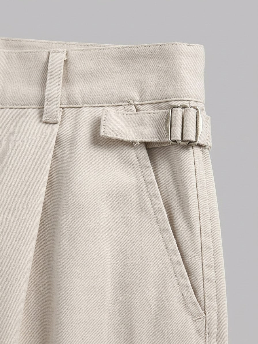 Ceccano Men's Side-Buckle Cotton Pleated Trousers — ecru — detail