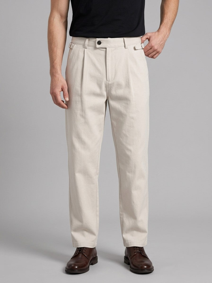 Ceccano Men's Side-Buckle Cotton Pleated Trousers — ecru — front