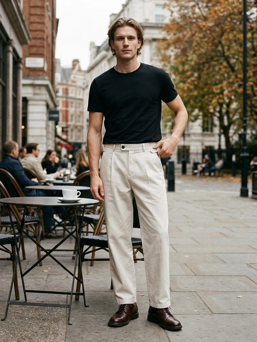 Ceccano Men's Side-Buckle Cotton Pleated Trousers — ecru — lifestyle