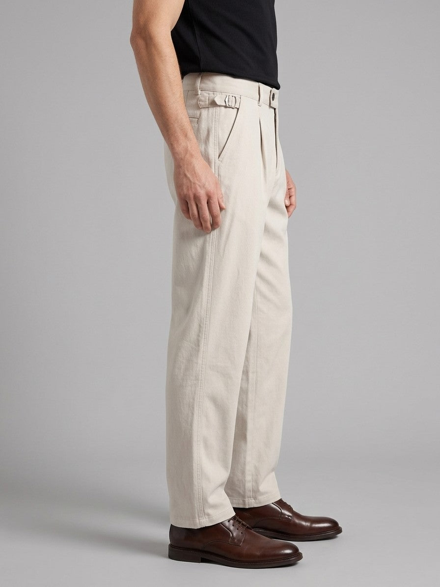 Ceccano Men's Side-Buckle Cotton Pleated Trousers — ecru — side