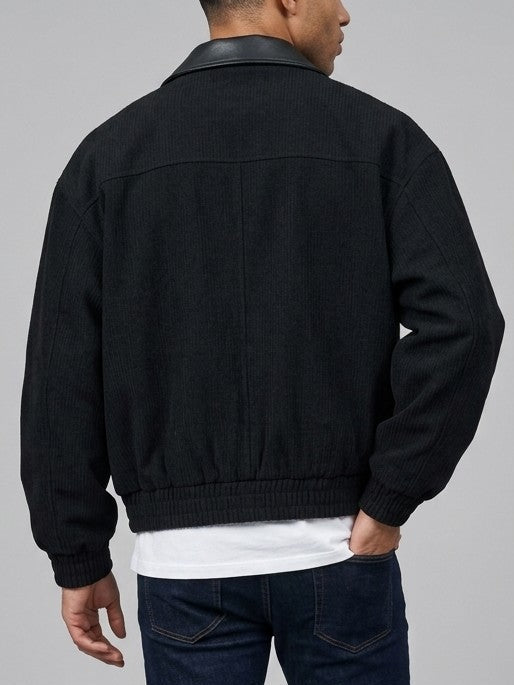 Cefalu Men's Corduroy Jacket with Leather-Look Collar — black — back