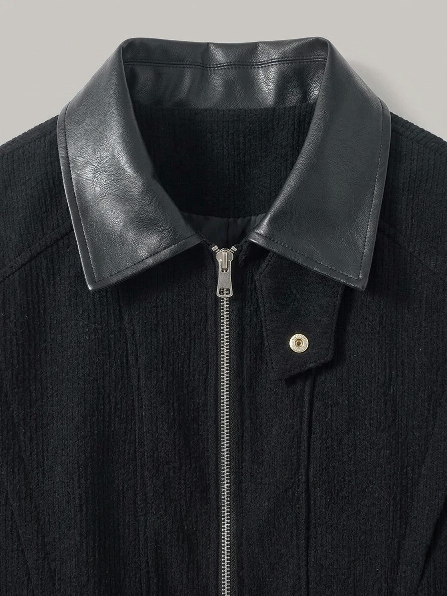 Cefalu Men's Corduroy Jacket with Leather-Look Collar — black — detail-collar