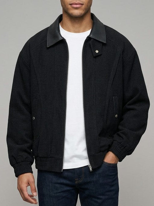 Cefalu Men's Corduroy Jacket with Leather-Look Collar — black — front