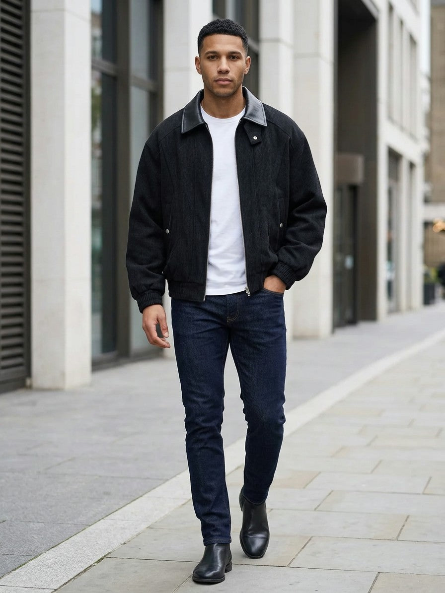 Cefalu Men's Corduroy Jacket with Leather-Look Collar — black — lifestyle