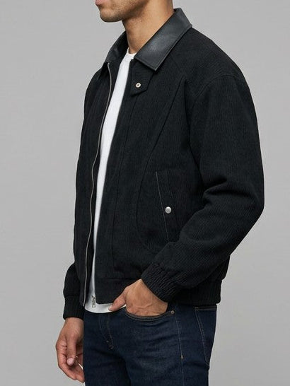 Cefalu Men's Corduroy Jacket with Leather-Look Collar — black — side