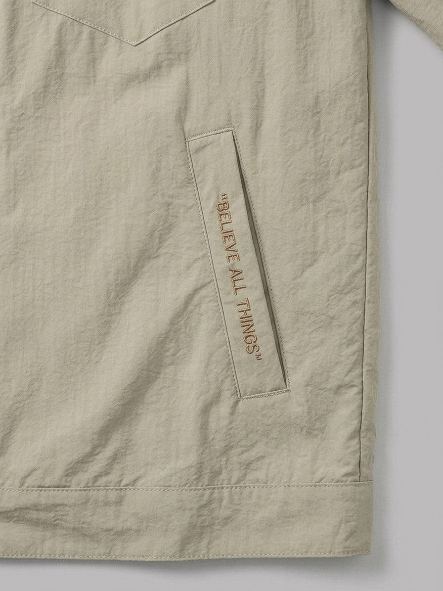 Cento Men's Seersucker Snap Shirt Jacket — lightkhaki — detail-collar